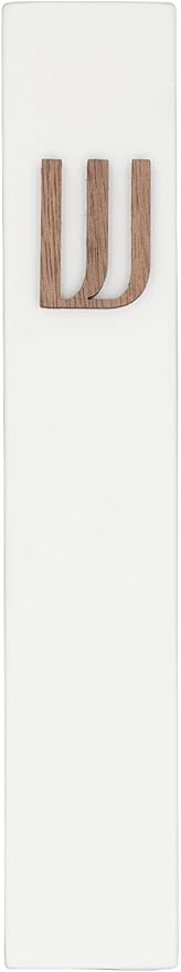 A&S Mezuzot Modern Concrete Mezuzah Case with Scroll, Easy Peel and Stick Mezuza (White+ Wood Shin, 6 Inches)