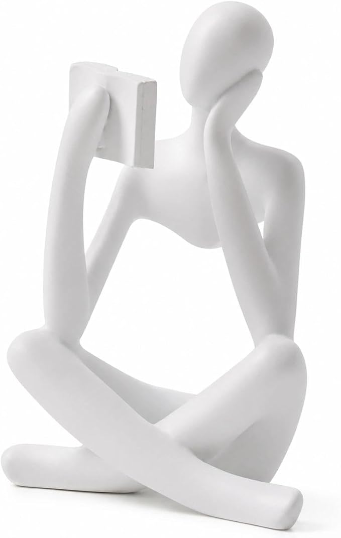 White Bookshelf Decor Thinker Statue, Abstract Reading Figurine Style B, Resin Decorative Bookend for Coffee Table, Shelf, Home Office, Library