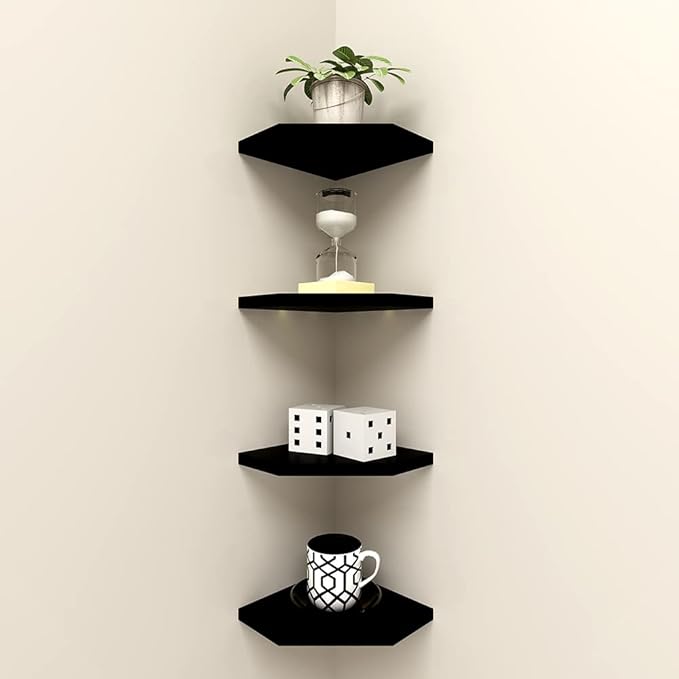 WELLAND 7-Inch Black Floating Corner Shelves Set of 2, Wall Mounted Storage Shelf with White Finish for Bedroom, Living Room, Bathroom, Display Shelf for Small Plant, Photo Frame, Toys