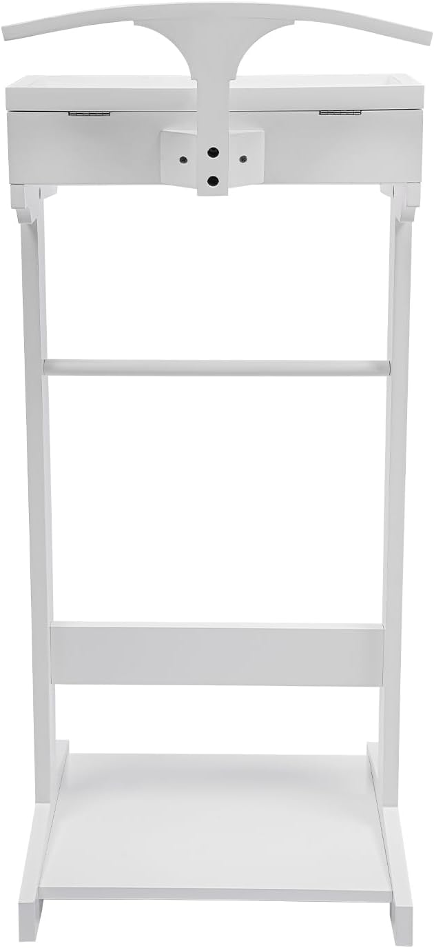 Clothes Valet Stand Holder for Men Suit Coat Rack Hanger Stand, Suit Valet Stand for Men and Women, Wood Clothes Stand with Top Tray and Storage Organizer, Clothes Trouser Bar Rack (White)