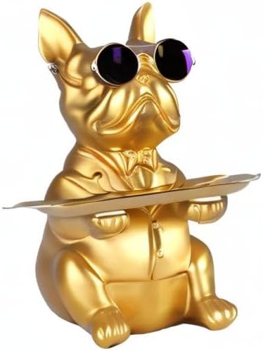QIANLING Modern Decor Resin Gold Bulldog Tray Statue Tray Storage Key Holder Candy Jewelry Earrings Tray Suitable for Home Decor Modern Art Dining Table Decor Office Small Object Tray (Golden Yellow)