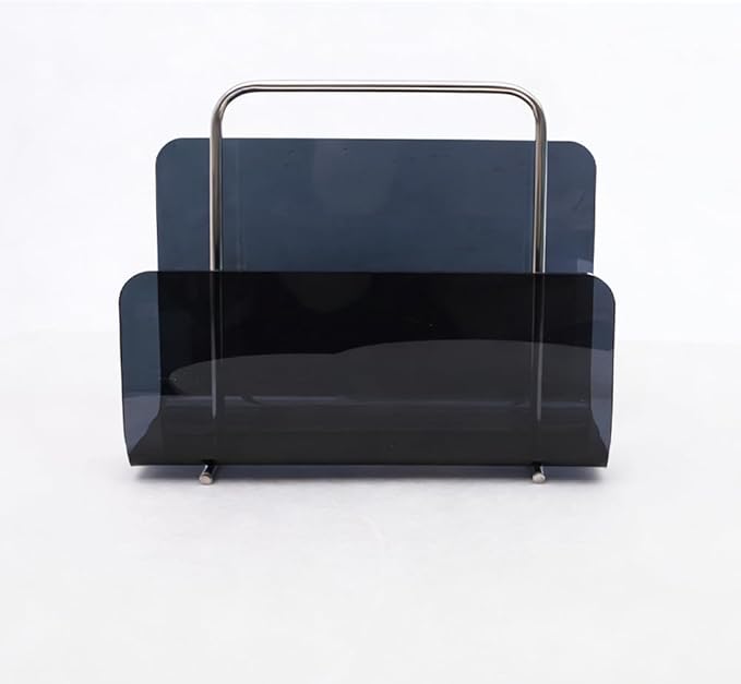 Magazine Holder, Brown Clear Acrylic with Stainless Steel Handle, Tabletop Display Stand (Black Transparent)