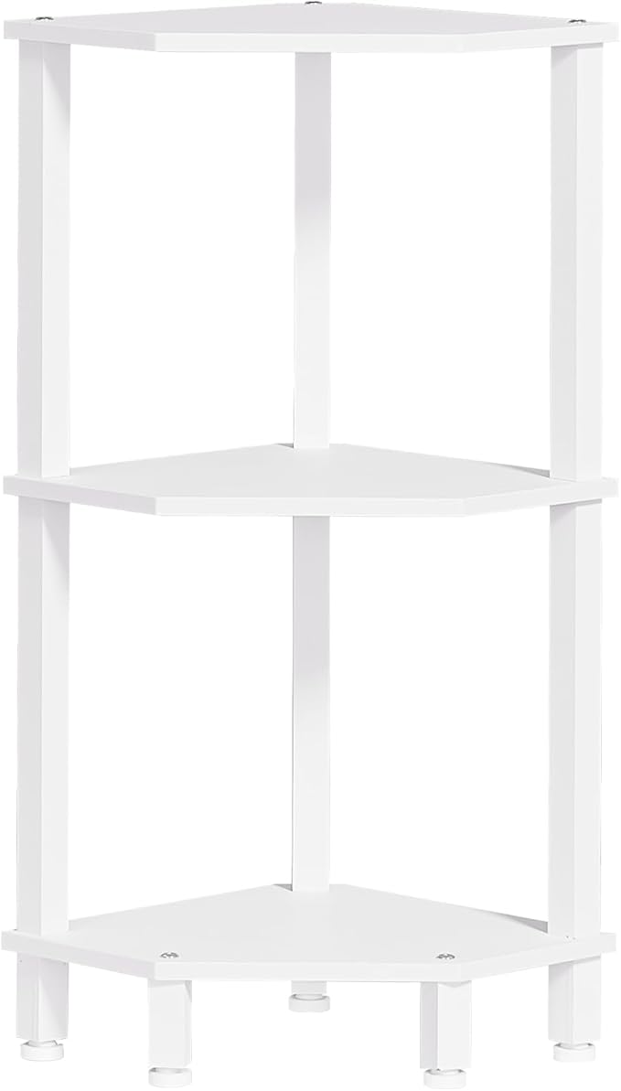 YUFAM 3-Tier Corner Shelf with Sturdy 5-Leg Base, Wooden Corner Bookshelf for Small Spaces, Small Corner Table for Living Room, Bedroom, Office, White