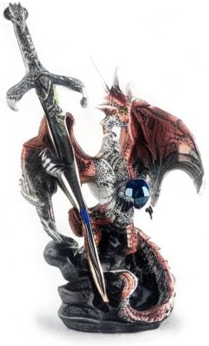 Ain't it Nice Dragon Statue with Medieval Dragon Sword and Crystal Ball Collectible Dragon Figurine Fantasy Medieval Dragon Décor, Red 4(L) 2(W) 7(H) inches