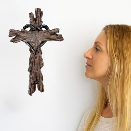 Rustic Wood-Look Resin Wall Cross with Barbed Wire & Nail Heart Accents – 11 ½” Christian Farmhouse Wall Décor, Inspirational Religious Gift (Rustic Brown)
