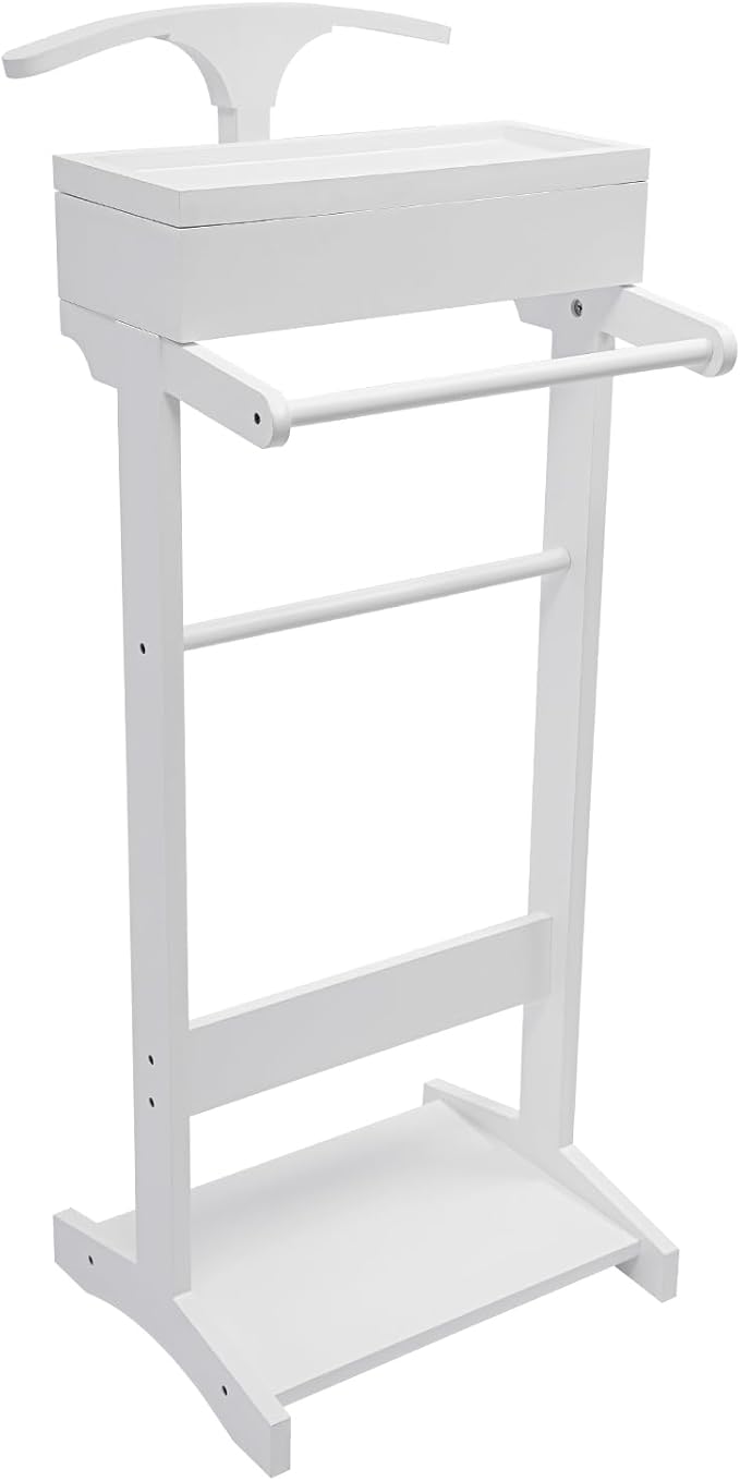 Wood Suit Rack, 22.05 Lbs Wooden Clothes Valet Stand, Freestanding Clothing Valet Stand Suit with Non-slip Base & Drawer for Bedrooms Living Rooms Hallways (White)