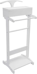 Wooden Suit Stand with Top Tray, Hanging Rod, Shoe Rack, Drawer, and Hanger, Freestanding Clothes Rack for Living Room, Entryway, Bedroom, Office (White)