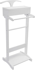 Wooden Suit Stand with Top Tray, Hanging Rod, Shoe Rack, Drawer, and Hanger, Freestanding Clothes Rack for Living Room, Entryway, Bedroom, Office (White)