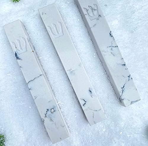 A&S Mezuzot Quartz Mezuzah Case with Engraved Shin Design Easy Peel and Stick Judaica Door Mezuza (White/Grey Veins Quarts, 7 Inches)