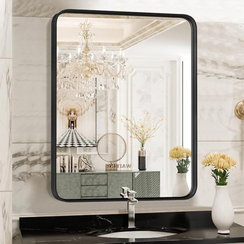 Sweetcrispy Bathroom Mirror 36x24 Inch Black Metal Framed Rounded Rectangle Vanity Mirrors for Wall, Over Sink, Farmhouse, Restroom, Anti-Rust, Modern Decorative, Horizontal or Vertical Hanging