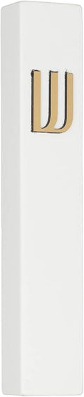A&S Mezuzot Modern Concrete Mezuzah Case with Scroll, Easy Peel and Stick Mezuza (White+ Gold Shin, 6 Inches)