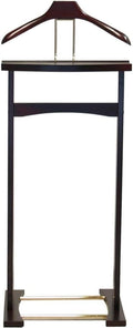 Wooden Suit Valet Stand with Top Tray Contour Hanger Trouser Bar and Shoe Rack Classic Freestanding Clothing Organizer for Bedroom Closet Entryway, Dark Mahogany