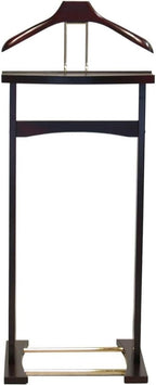 Wooden Suit Valet Stand with Top Tray Contour Hanger Trouser Bar and Shoe Rack Classic Freestanding Clothing Organizer for Bedroom Closet Entryway, Dark Mahogany