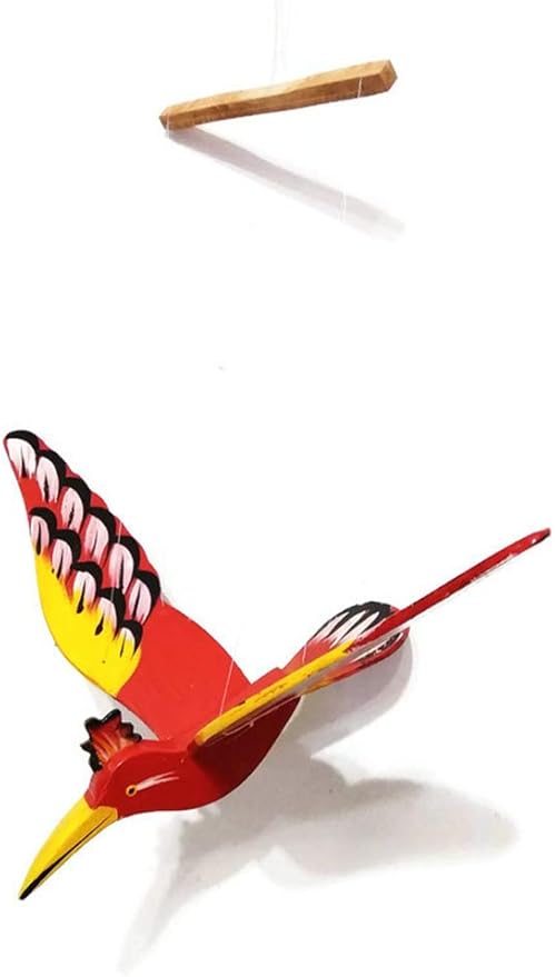 WitnyStore 15" Red Yellow Hoopoe Woodpecker Wooden Flying Bird Mobile Kinetic Hanging Sculpture for Adult Collectors Handcrafted Room Decoration Display Art Dynamic Overhead Ornament