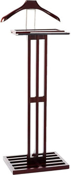 Freestanding Wooden Suit Valet Stand with Hanger Storage Tray Tie Hook Classic Wardrobe Organizer for Bedroom Office Closet, Dark Mahogany