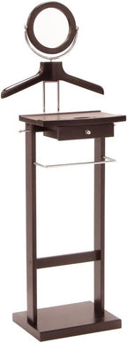 Solid Wood Clothes Valet Stand in Dark Espresso with Round Mirror, Drawer, Tray, Pants and Tie Hangers, and Shoe Base, Elegant Clothing Valet for Bedroom