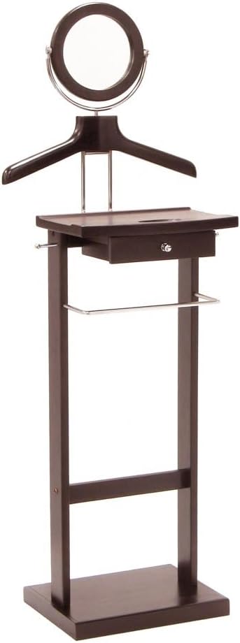 Solid Wood Clothes Valet Stand in Dark Espresso with Round Mirror, Drawer, Tray, Pants and Tie Hangers, and Shoe Base, Elegant Clothing Valet for Bedroom