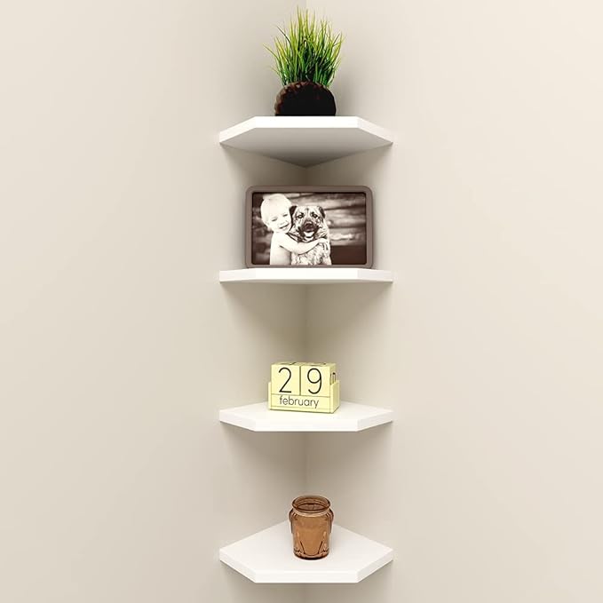 WELLAND 7-Inch Floating Corner Shelves Set of 2, Wall Mounted Storage Shelf with White Finish for Bedroom, Living Room, Bathroom, Display Shelf for Small Plant, Photo Frame, Toys and More