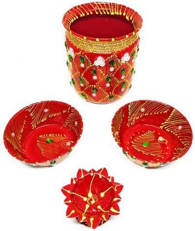 Stainless Steel Karwa Chauth 6 Pieces Decorative Pooja Thali Set (Red) (Thali Size 12")