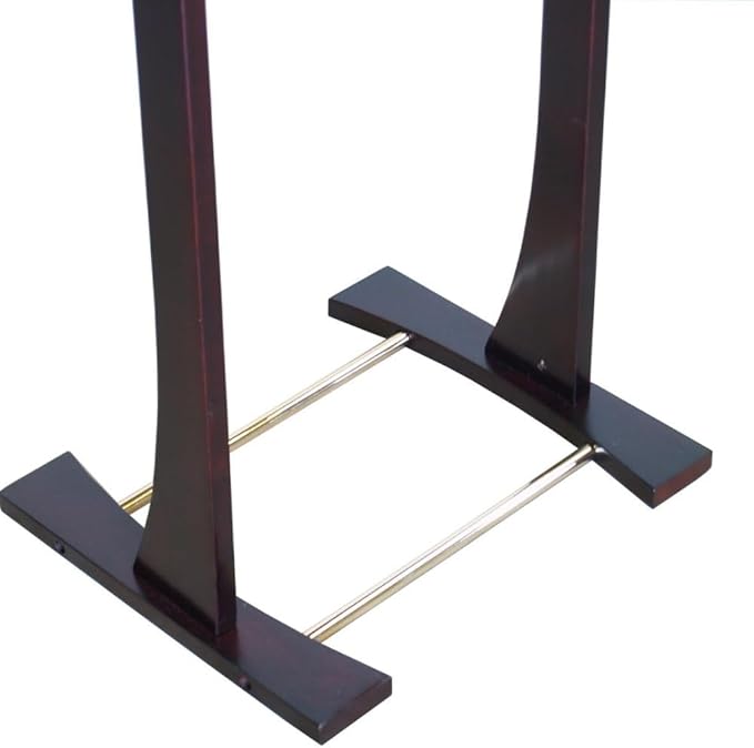 Wooden Suit Valet Stand with Top Tray Contour Hanger Trouser Bar and Shoe Rack Classic Freestanding Clothing Organizer for Bedroom Closet Entryway, Dark Mahogany