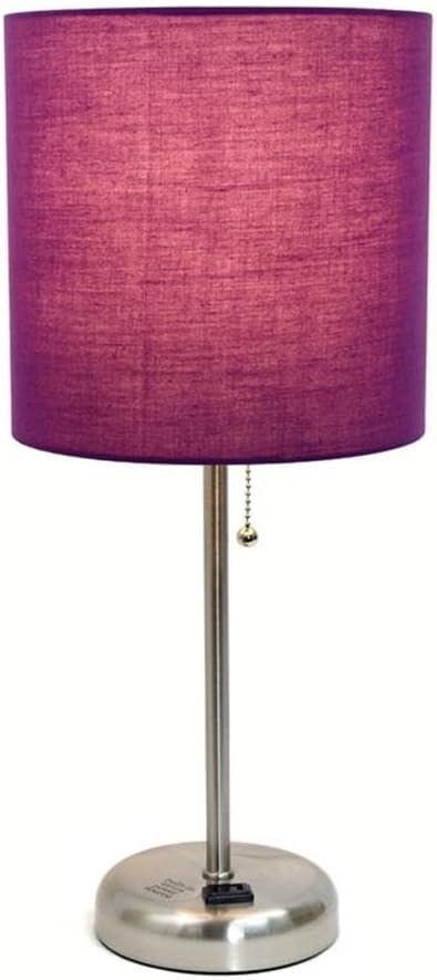 Oslo 19.5" Contemporary Bedside Power Outlet Base Standard Metal Table Desk Lamp in Brushed Steel with Purple Drum Fabric Shade