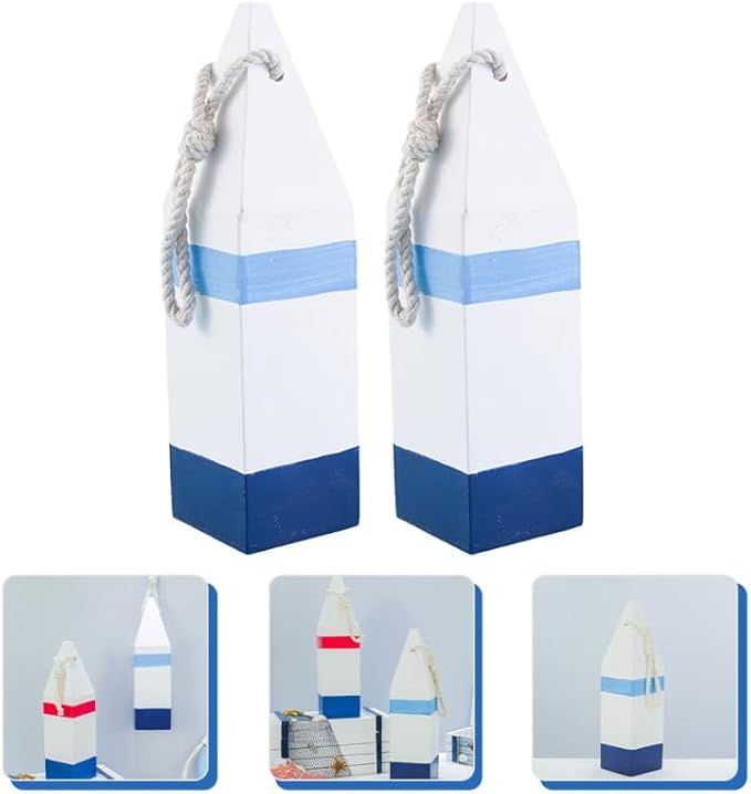 Mediterranean Buoy Ornaments 2 Pack Wooden Buoy Pendants Nautical Themed Wall Decor for Beach House Bedroom Bathroom Fishing Party Decoration 2.75X2.75X10.23In