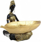Lescafita African Woman Resin Tray Statue, Gold Leaf Decorative Sculpture, Handmade African Figurine Tray for Jewelry, Keys, Coins, Home Table Centerpiece Decor, Cultural Art Gift