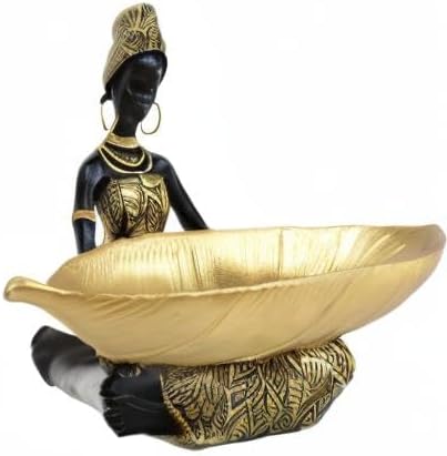 Lescafita African Woman Resin Tray Statue, Gold Leaf Decorative Sculpture, Handmade African Figurine Tray for Jewelry, Keys, Coins, Home Table Centerpiece Decor, Cultural Art Gift