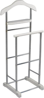 White Wooden Twin Valet Stand with Hanger Trouser Bar Tie Belt Holder Storage Tray Clothes Organizer for Bedroom Office Closet Space Saving Wardrobe Rack for Unisex