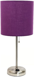 Oslo 19.5" Contemporary Bedside Power Outlet Base Standard Metal Table Desk Lamp in Brushed Steel with Purple Drum Fabric Shade