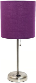 Oslo 19.5" Contemporary Bedside Power Outlet Base Standard Metal Table Desk Lamp in Brushed Steel with Purple Drum Fabric Shade