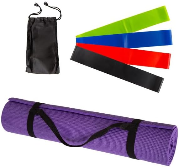 Wakeman Yoga Mat Set - 4-Pack of Resistance Bands for Working Out with 1/4-Inch Workout Mat - Home Gym Starter Kit - Exercise Equipment by Wakeman