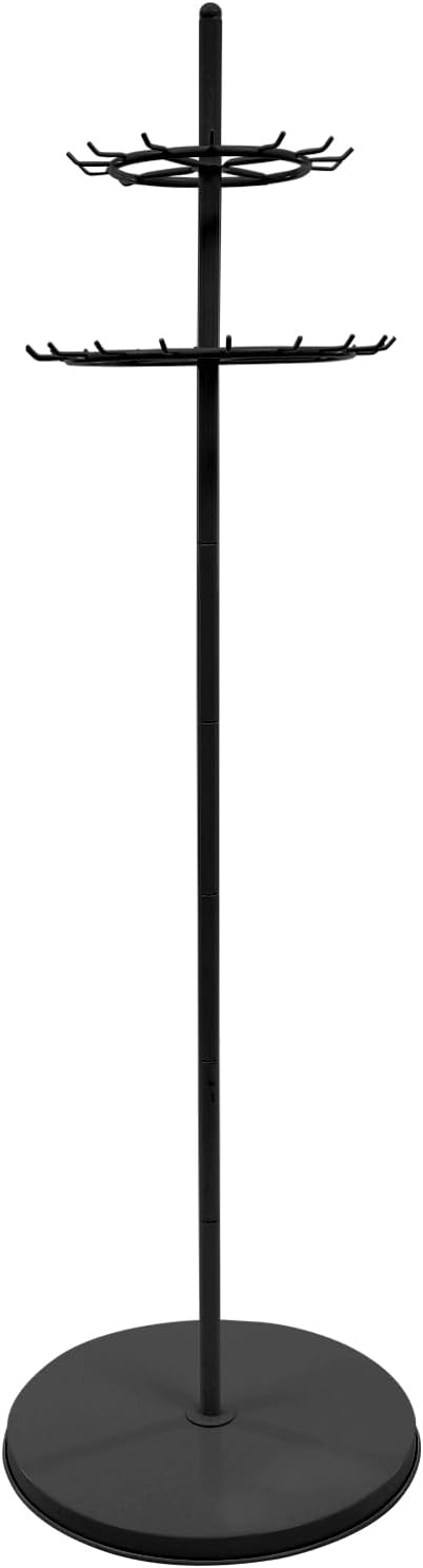 Belt Display Stand with 31 Hooks – Black Steel Double-Tier Tie & Scarf Organizer, 66.1" Tall, Heavy Duty Rotating Rack for Belts, Ties, Scarves, Home, Closet, Boutique, Clothing Store