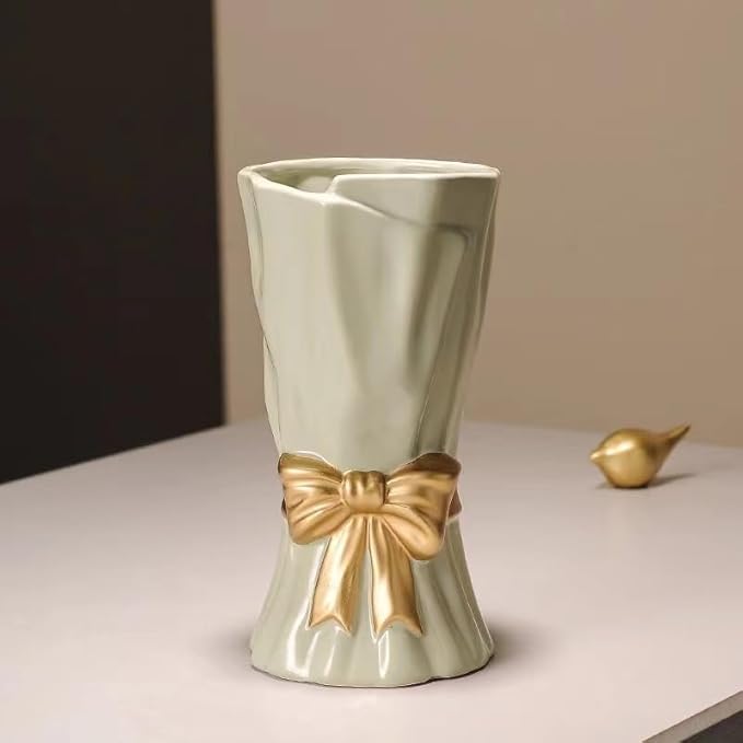 Green Bow Vase for Home Decor, 9.3 Inch Avocado Color for Boho Style, Sage Large Green Flower Vase for Ideal Shelf Decor/Table/Living Room. ﻿