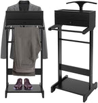 Suit Valet Stand for Man, 17.32x14.17x43.31in Wood Clothes Stand with Top Compartment, Floor Standing Men Contour Hanger Valet Stand with a Hanging Rod, 33lbs Load Bearing Capacity, Smooth Edges