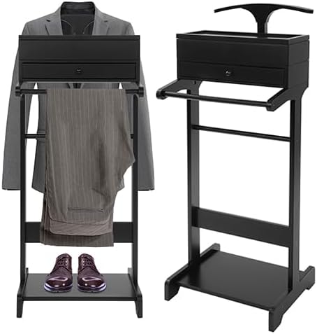Suit Valet Stand for Man, 17.32x14.17x43.31in Wood Clothes Stand with Top Compartment, Floor Standing Men Contour Hanger Valet Stand with a Hanging Rod, 33lbs Load Bearing Capacity, Smooth Edges