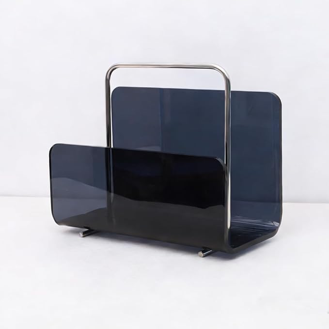 Magazine Holder, Brown Clear Acrylic with Stainless Steel Handle, Tabletop Display Stand (Black Transparent)