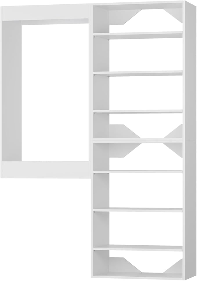 ROOMTEC Modular Closet System, 58" Wall-Mounted Closet Organizer with Hanging Rods and Shelves, Wooden Tower for Walk-In Closets, Wardrobe Storage Kit, White