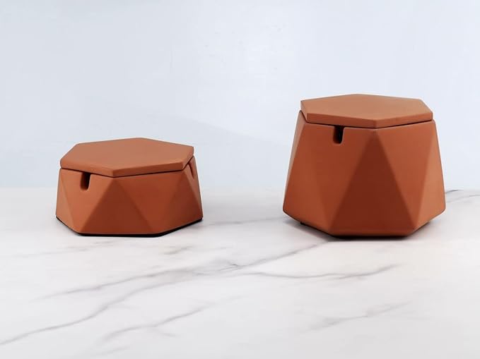 FREELOVE Concrete Ashtray with Lid & Stainless Steel Ashtrays for Cigarettes, Cement Ash Tray Smoking Holder Indoor Smokeless Outdoor Windproof Patio Home Office Cool Decor(Brick Red, Small)