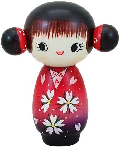 Usaburo Japanese Kokeshi Doll Uraraka Red Kimono with Floral Pattern 2014-9 , Red, White
