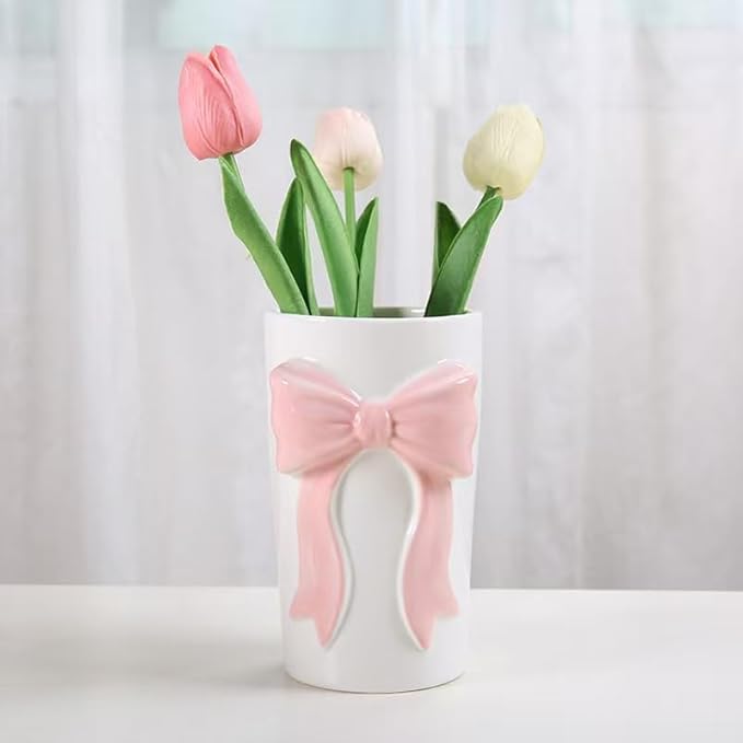 Pen Holder Bow Vase, White Flower Vase for Home Decor, White and Pink Ceramic Vases for Boho Style, Large Vases for Ideal Shelf Decor/Table/Living Room. (Pink 4, Large)