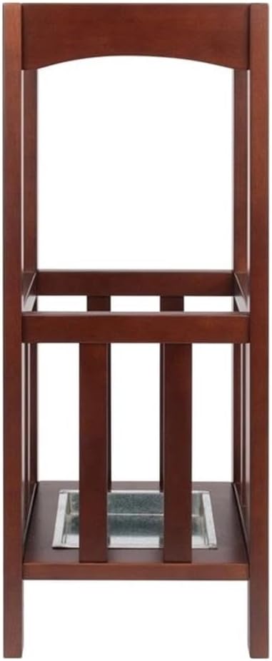 Pemberly Row Transitional Solid Wood Umbrella Stand with Tray, Walnut Finish, 26.77 in Height, Single Shelf Storage, Compact Entryway Organization Piece for Hallway or Foyer