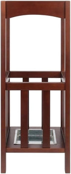Pemberly Row Transitional Solid Wood Umbrella Stand with Tray, Walnut Finish, 26.77 in Height, Single Shelf Storage, Compact Entryway Organization Piece for Hallway or Foyer