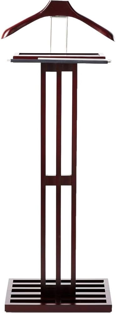 Freestanding Wooden Suit Valet Stand with Hanger Storage Tray Tie Hook Classic Wardrobe Organizer for Bedroom Office Closet, Dark Mahogany