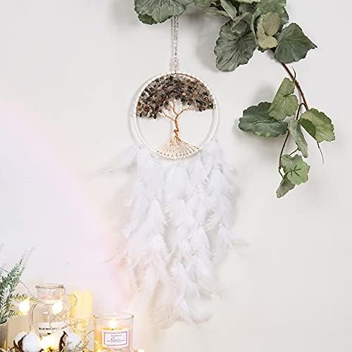 Pretty Jolly Pure White Tree of Life Dream Catcher Wall Decor with Healing Crystal Stone Handmade Feather Dream Catchers Decoration Wall Hanging Bedroom Living Room Wedding Party Home Decor-25.6"