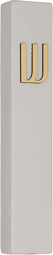 A&S Mezuzot Modern Concrete Mezuzah Case with Scroll, Easy Peel and Stick Mezuza (Grey+ Gold Shin, 9 Inches)