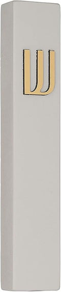 A&S Mezuzot Modern Concrete Mezuzah Case with Scroll, Easy Peel and Stick Mezuza (Grey+ Gold Shin, 5 Inches)