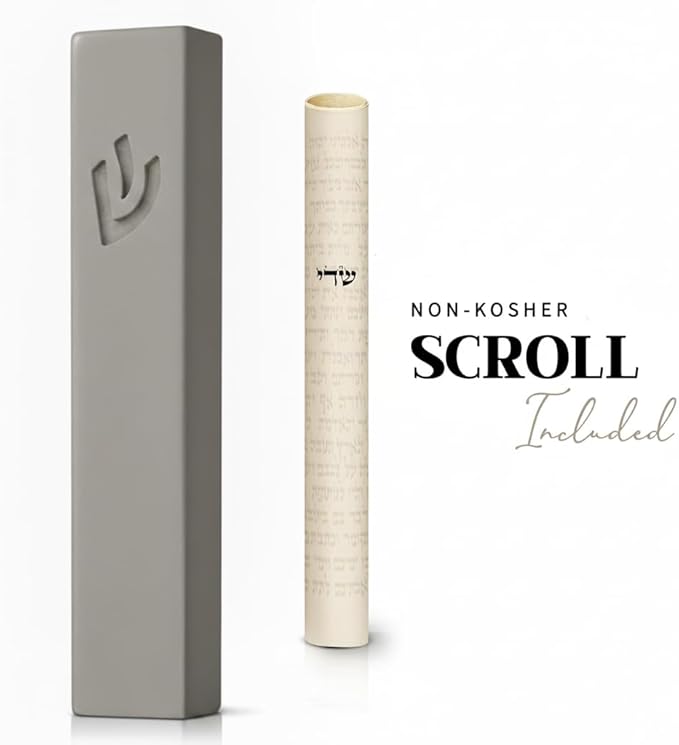 SURI Mezuzah for Door – 4 Inch Light Gray Concrete Mezuzah Case with Printed Scroll, Judaica Entry Design, Fits a 3 Inch Mezuza Scroll, Gift Box Included