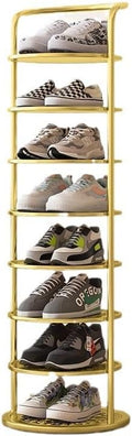 Bamboo Shoe Rack Organizer, 2-10 Tiers, Natural or Tea Color, No-Tool Assembly, Foldable Storage Shelf (Round Eight-Layer Gold)