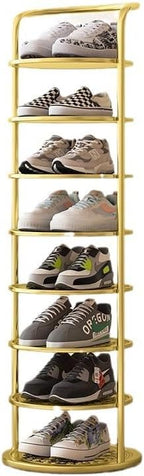 Bamboo Shoe Rack Organizer, 2-10 Tiers, Natural or Tea Color, No-Tool Assembly, Foldable Storage Shelf (Round Eight-Layer Gold)